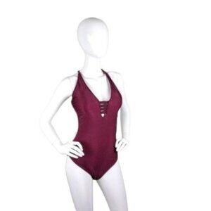Halter V-neck Low Cut One-piece Swimsuit In Berry Size XL